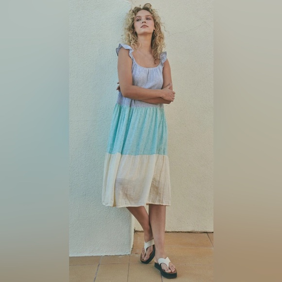 Rails Capri Linen Blend Ruffle Strap Midi Dress Mixed Rainbow Stripe. Size XS - Picture 1 of 6